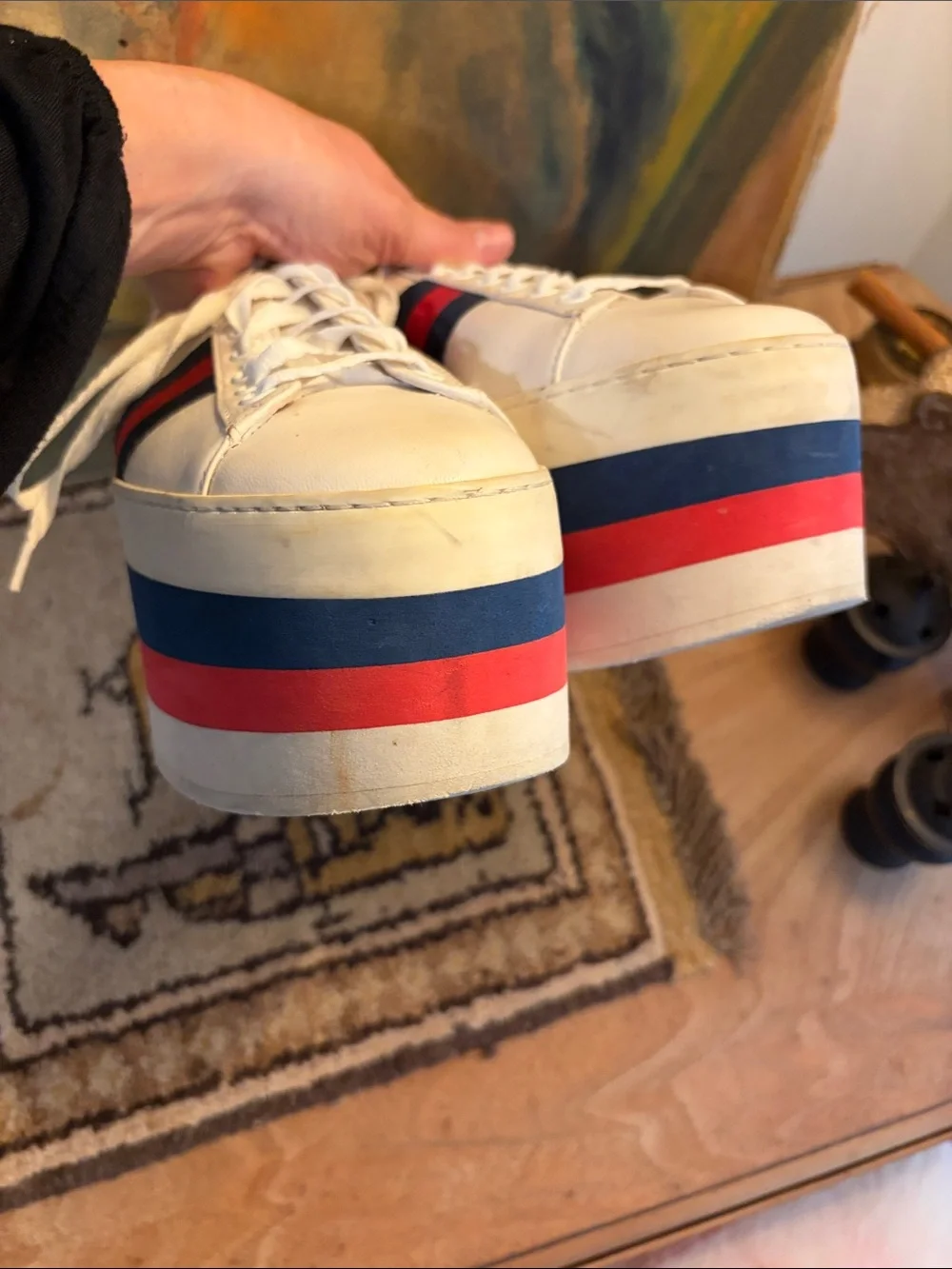 Gucci DAMAGED White Platform Sneakers with Red and Blue Stripe Accents - SZ 38